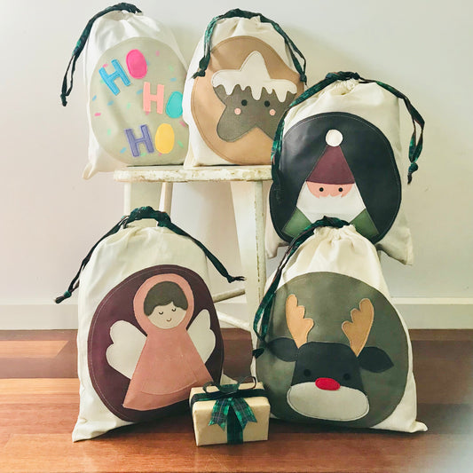 Reusable Eco Sustainable applique Christmas Gift Drawstring Sack Bags