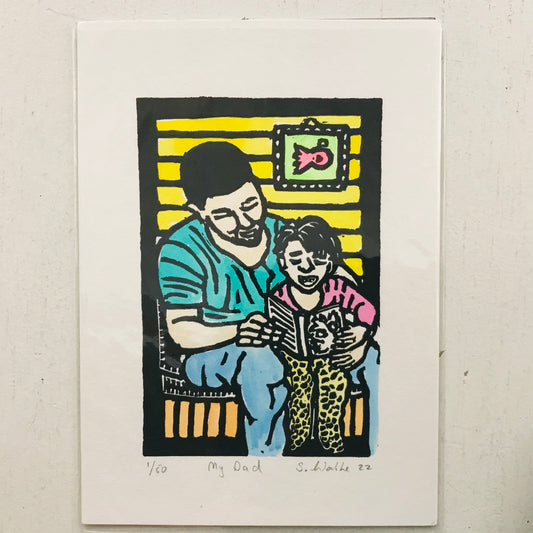 Hand printed & painted original linocut - MY DAD (unframed)