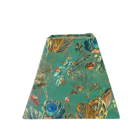 Stitched Leather Table Lamp with Squared Sage Floral Velvet Shade