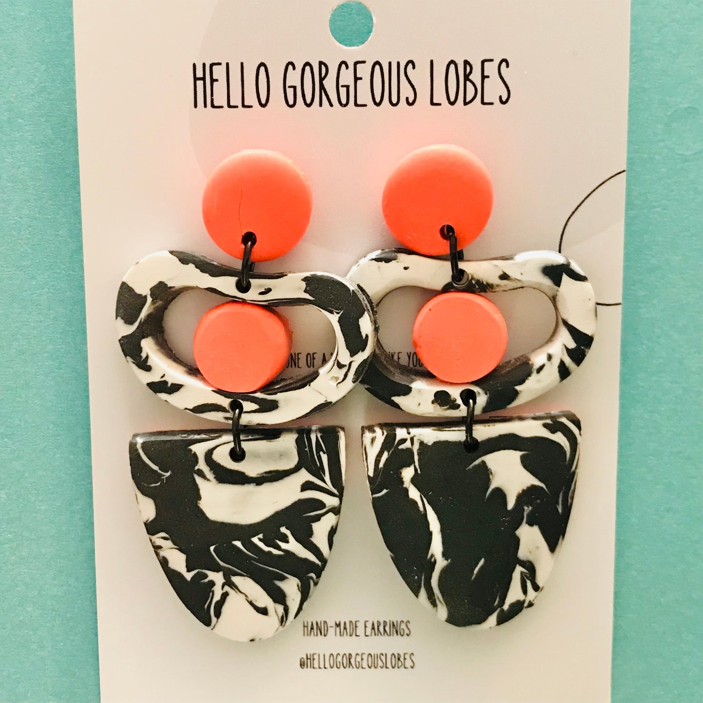 Polymer Clay Handmade Earrings - Black, White & Orange Marble **ON SALE**