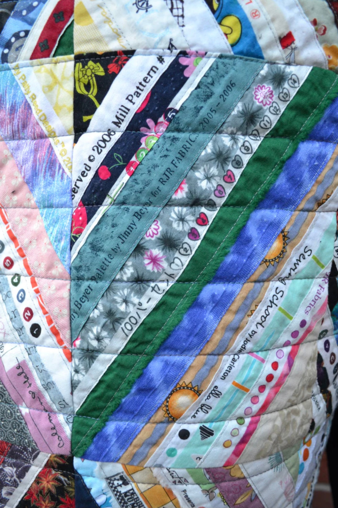 Close-up of a patchwork quilt with various fabric patterns and colors.