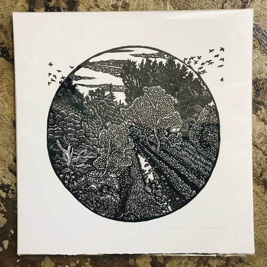 Hand printed original linocut - THE DAY HAS DAWNED AND IT WAS BEAUTIFUL (unframed)