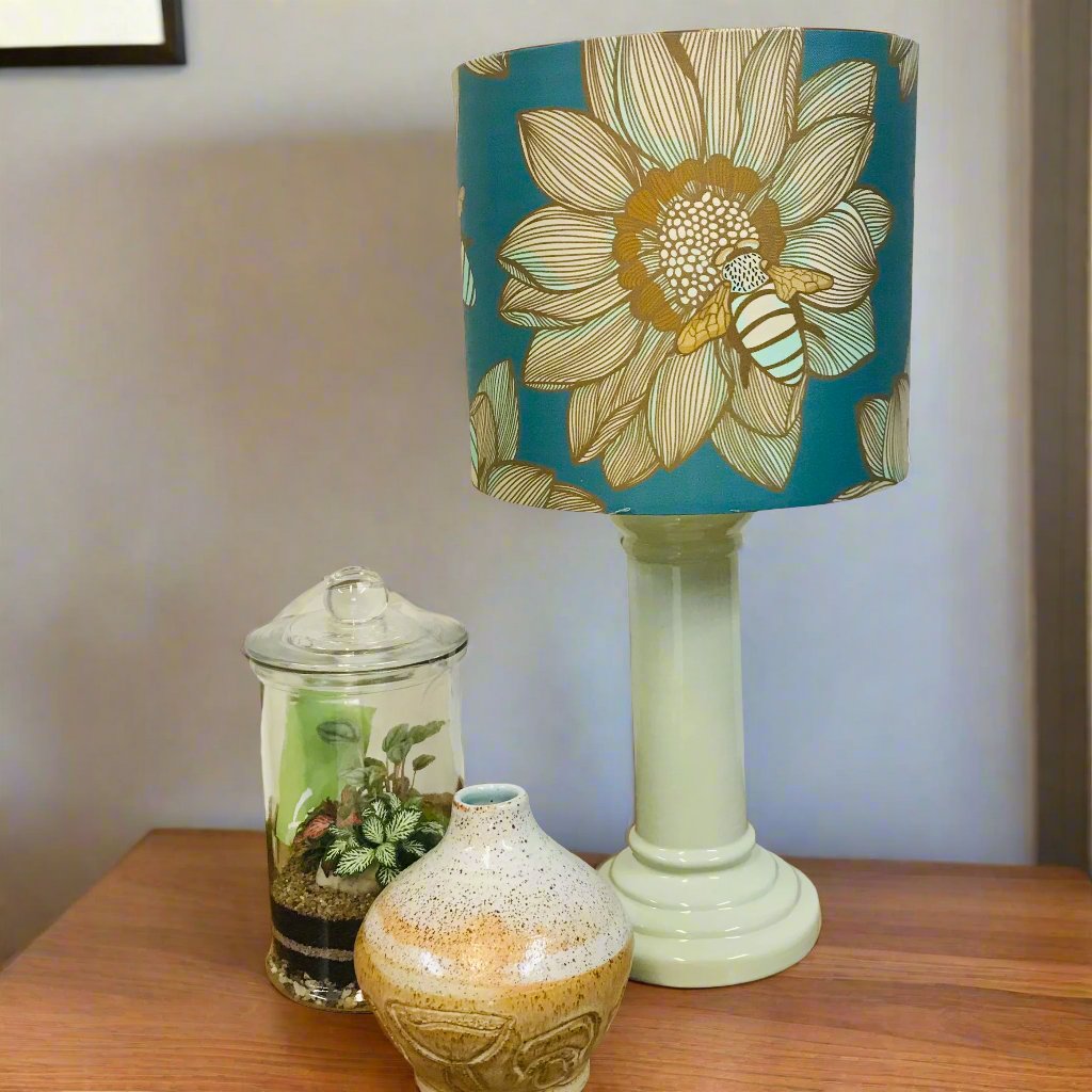 Teal Gold Bees on Ceramic Table Lamp