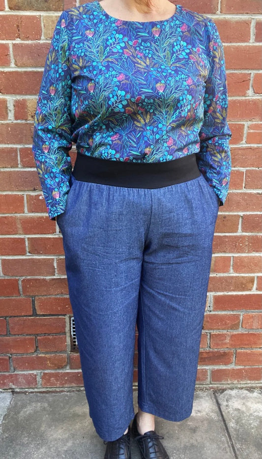 Women's Handmade Band Pants - Blue Denim