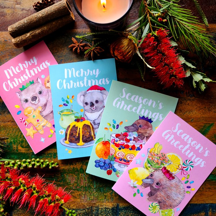 Watercolour Christmas Cards - Australian animals and food
