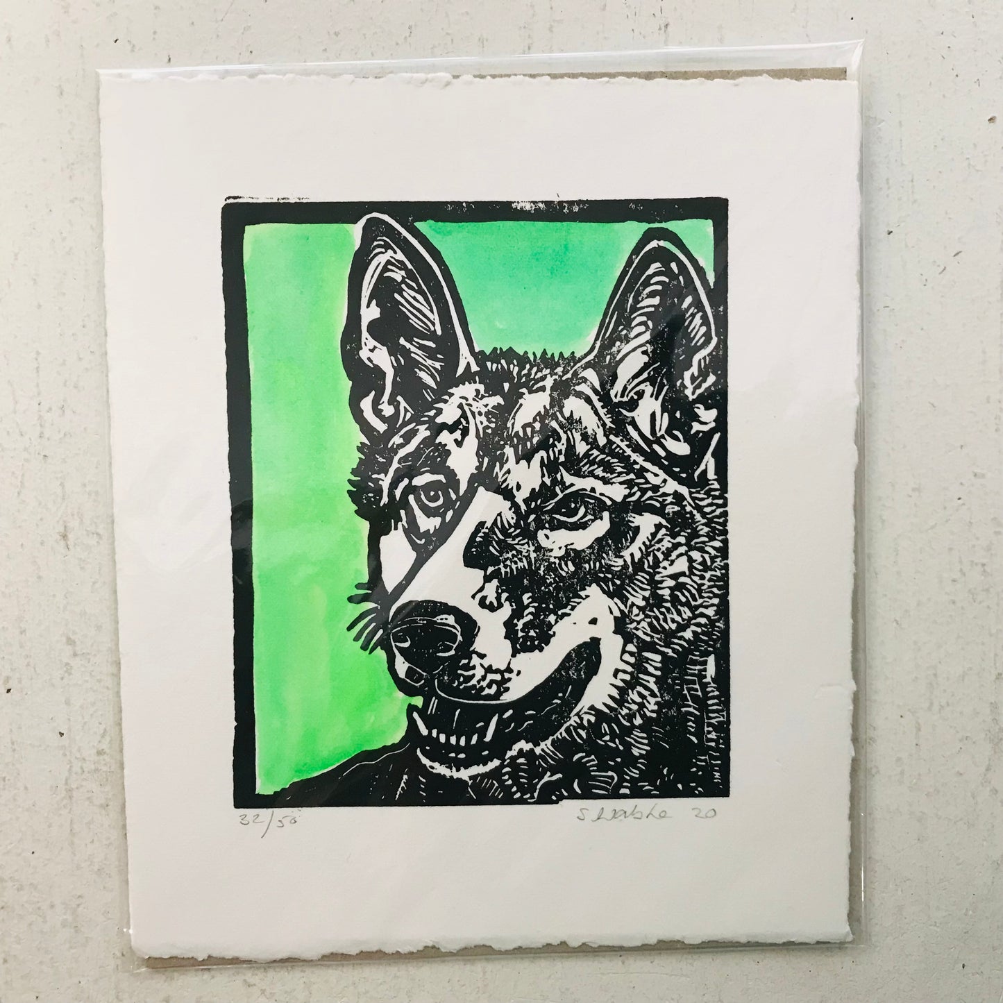 Hand printed & painted original linocut - DOG #2 (unframed)