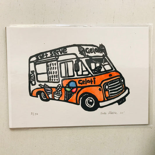 Hand printed & painted original linocut - MR WHIPPY (unframed)