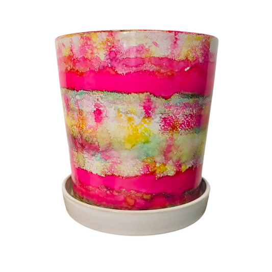 Alcohol Ink planter pot with tray - Sweet Pink