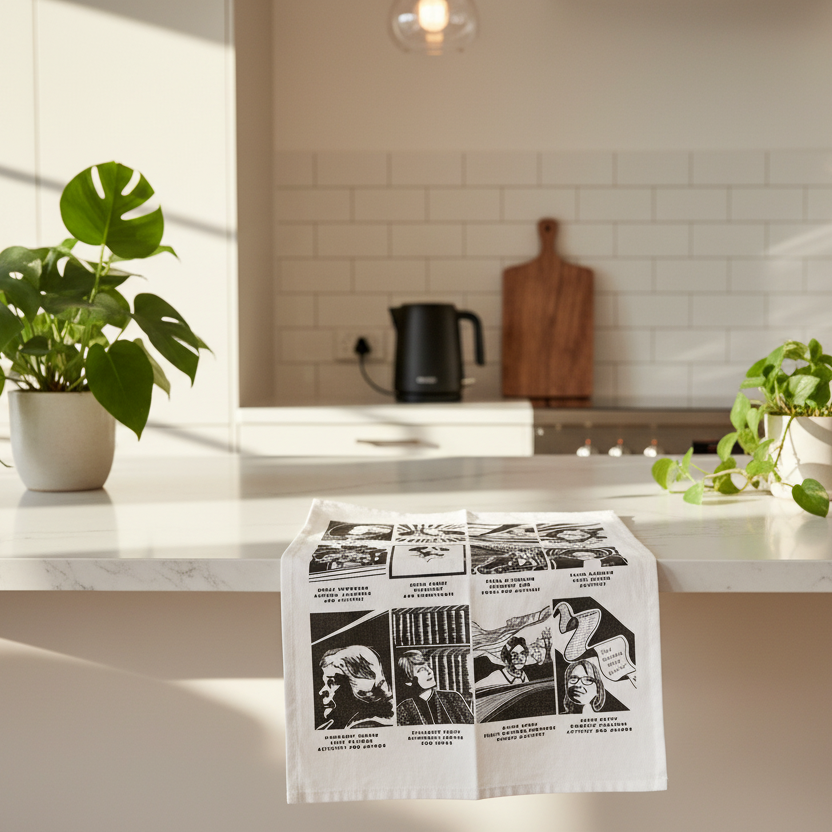 Tea towel with black and white illustrations of women's history figures on a white background