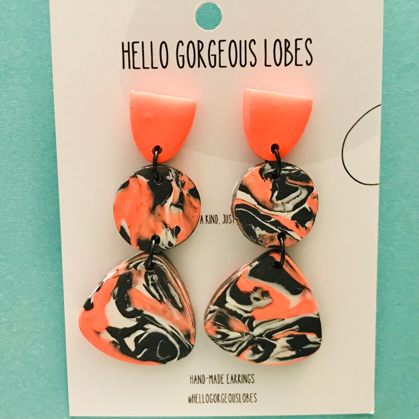 Polymer Clay Handmade Earrings - Black, White & Orange Marble **ON SALE**