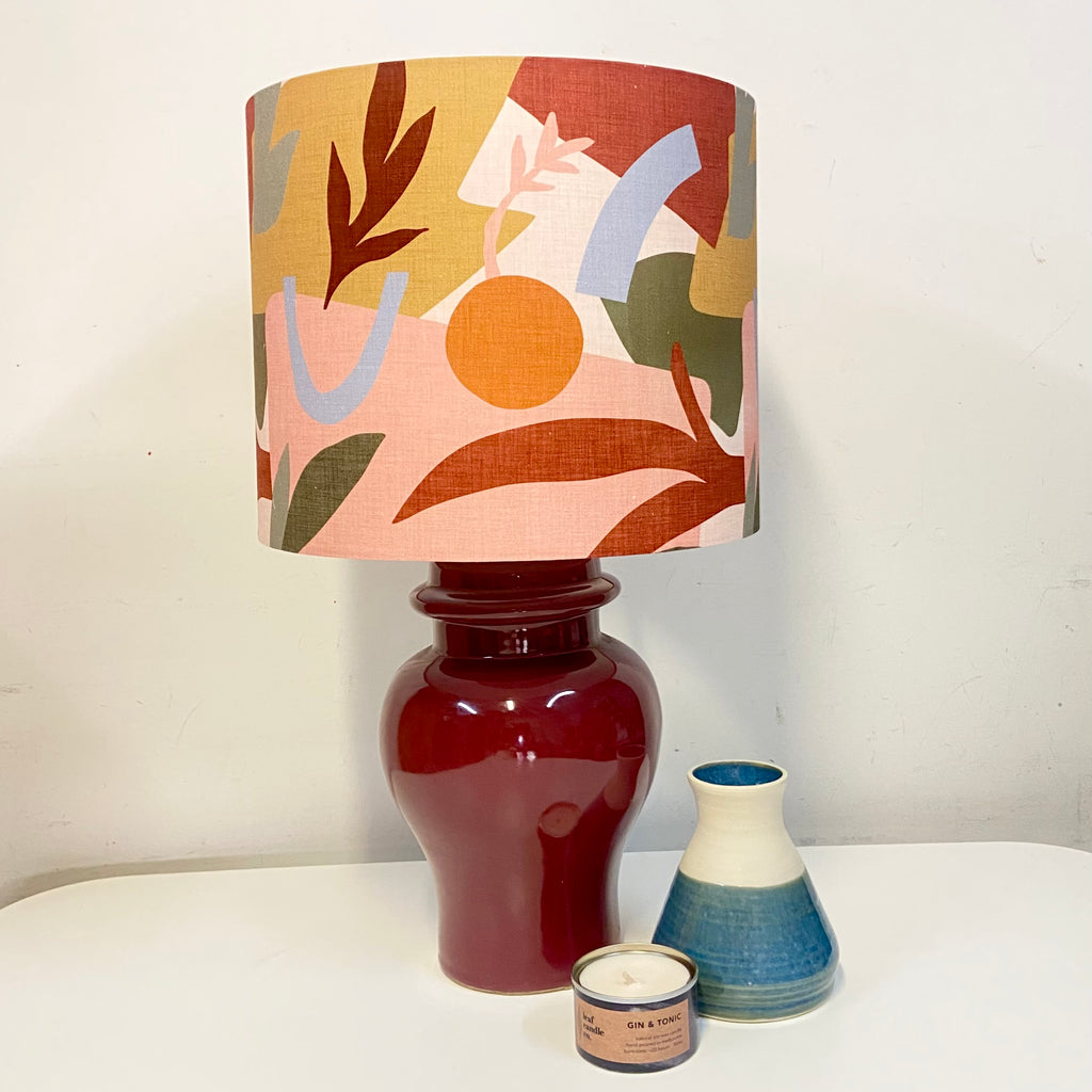 Burgundy Mid Century Ceramic Table Lamp with Autumn Leaves Shade