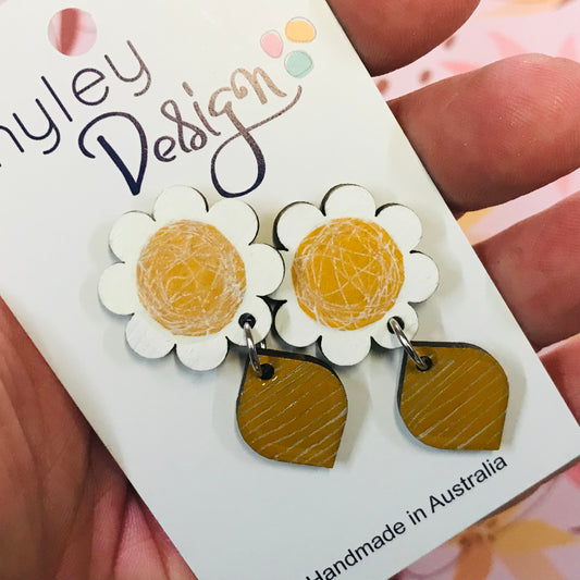 Bold Wood Daisy Drop Statement Earrings