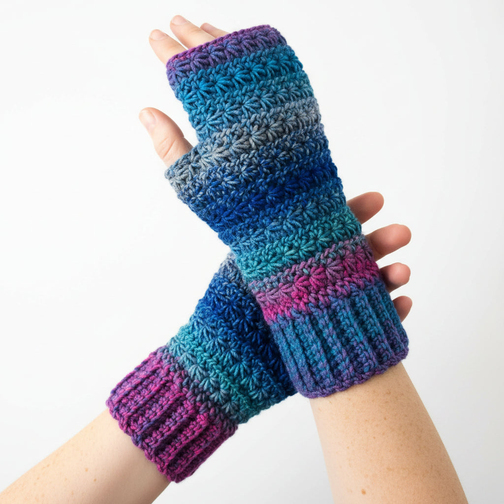 A pair of handmade crocheted fingerless gloves in a variegated blue, teal, and purple yarn