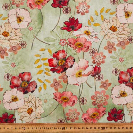 Floral fabric pattern with a ruler at the bottom for scale.
