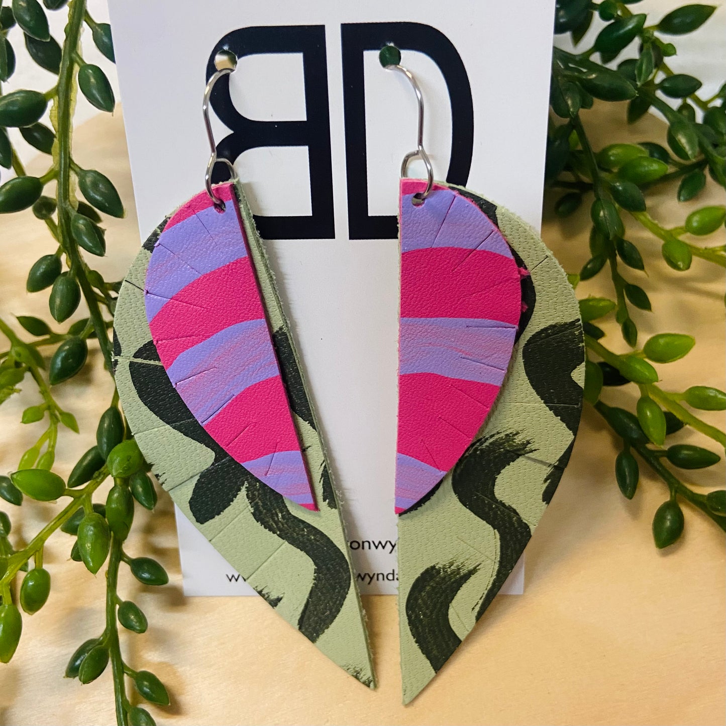 Handmade Painted Leather Earrings - The Double Feather
