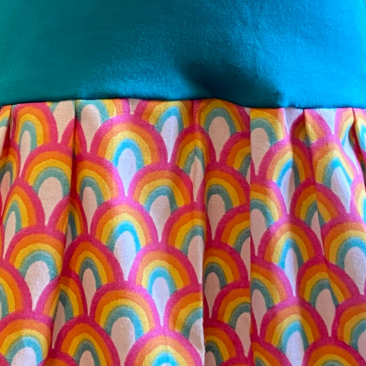 Short Sleeve Winnie Dress - TEAL WITH RAINBOWS **ON SALE**