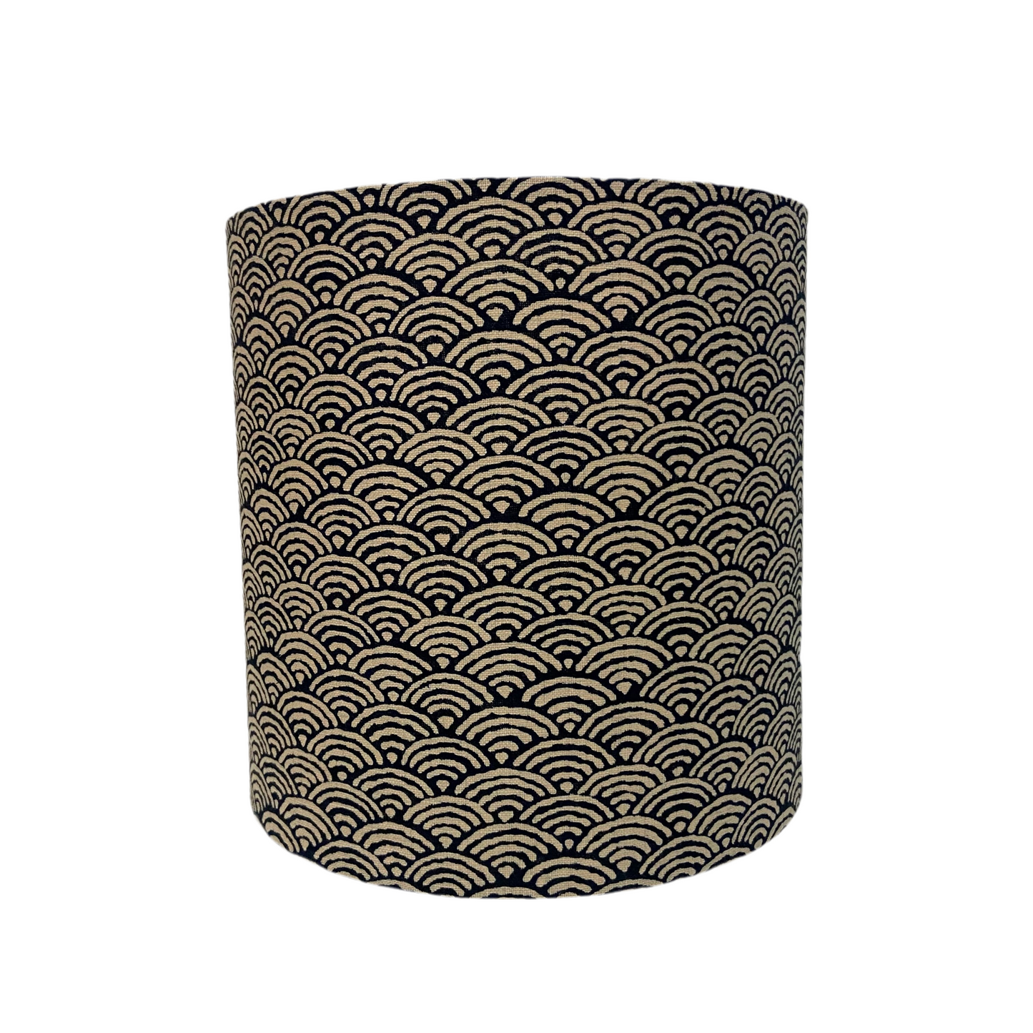 Black cylindrical lamp shade with beige and black wave pattern on a white background