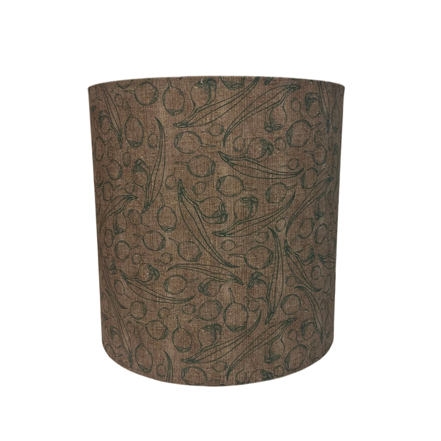 Brown cylindrical lamp shade with green leaf and gumnut outline illustration on a white background