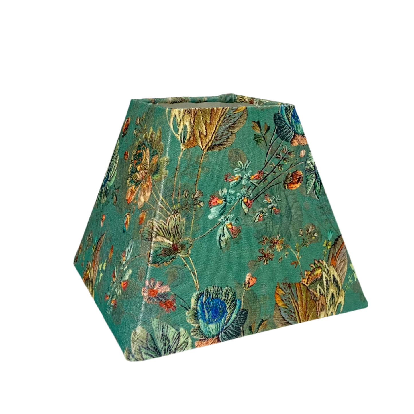 Stitched Leather Table Lamp with Squared Sage Floral Velvet Shade