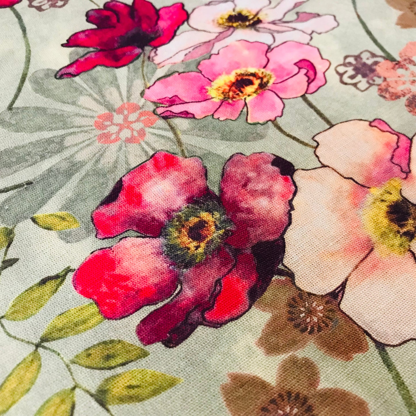 Close-up of a floral fabric pattern with pink, red, and yellow flowers.