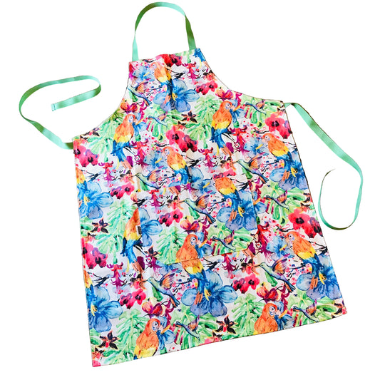 Colorful floral apron on a textured surface