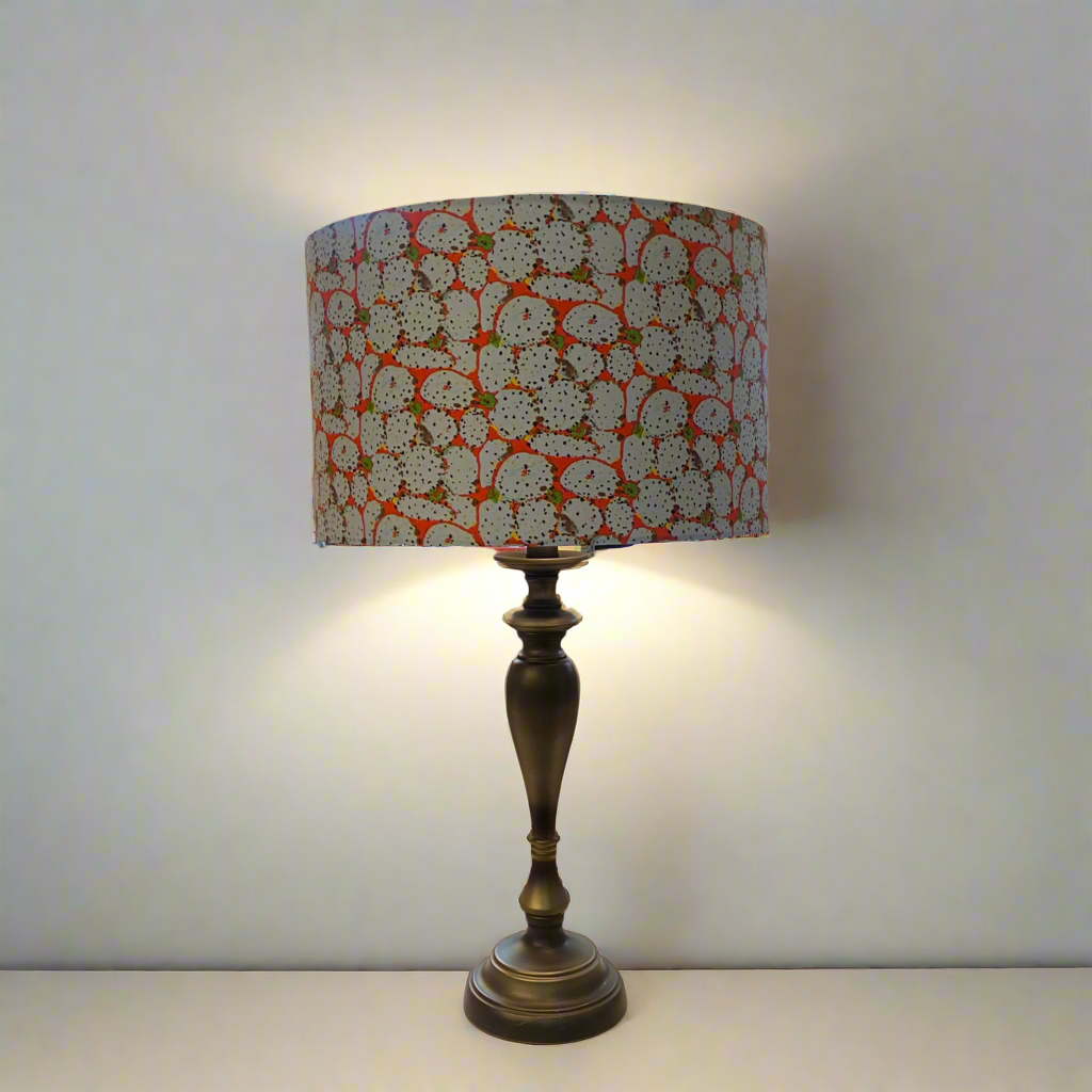 Ornate Pewter Look Table Lamp with Prickly Pear on Orange Shade (pair available)