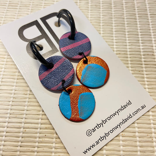Hand painted leather bold statement earrings - Reversible Double Huggies (medium)