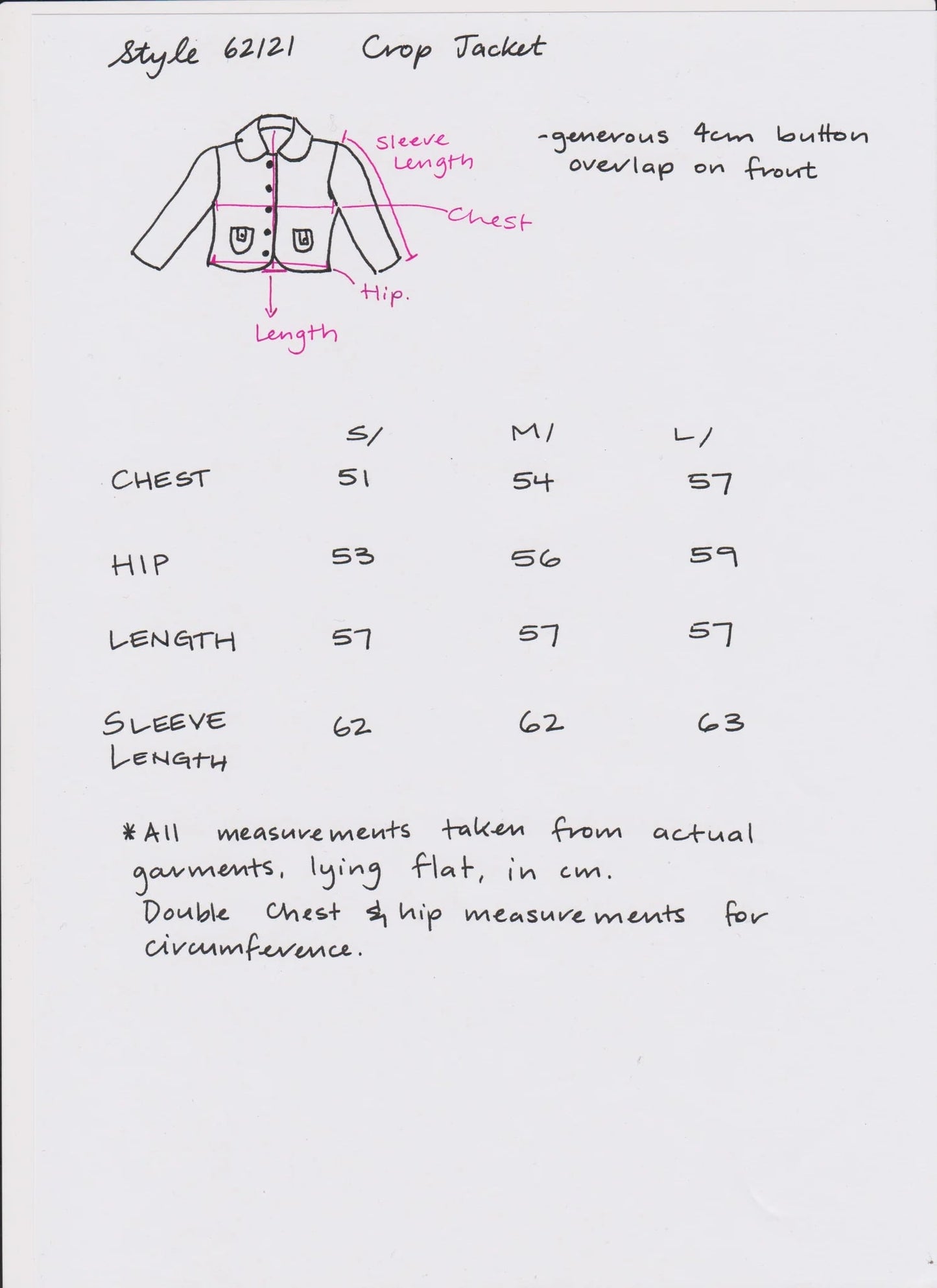 Measurement chart for a crop jacket with chest, hip, length, and sleeve length dimensions.