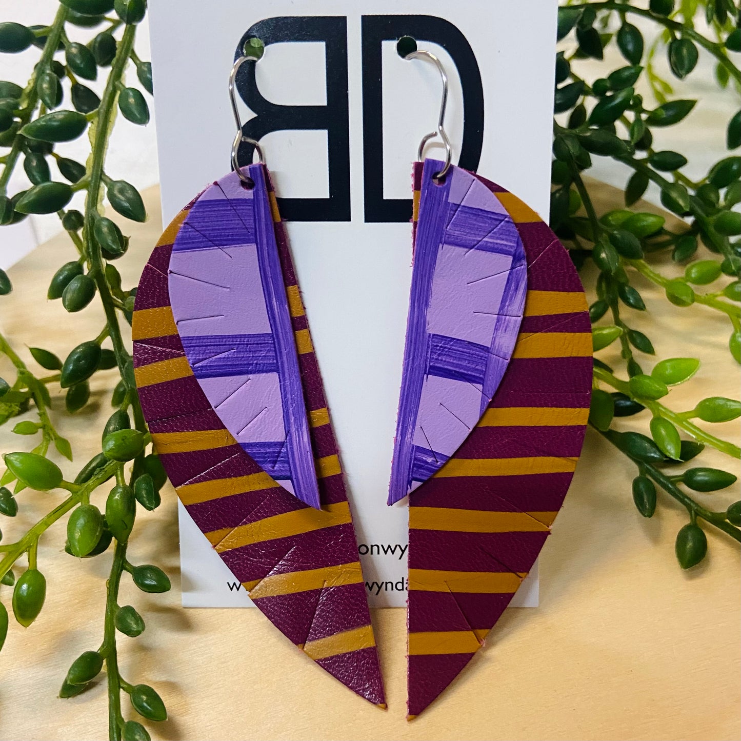 Handmade Painted Leather Earrings - The Double Feather