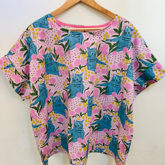 Handmade Women’s Box Top - Blue Cats (L/XL)
