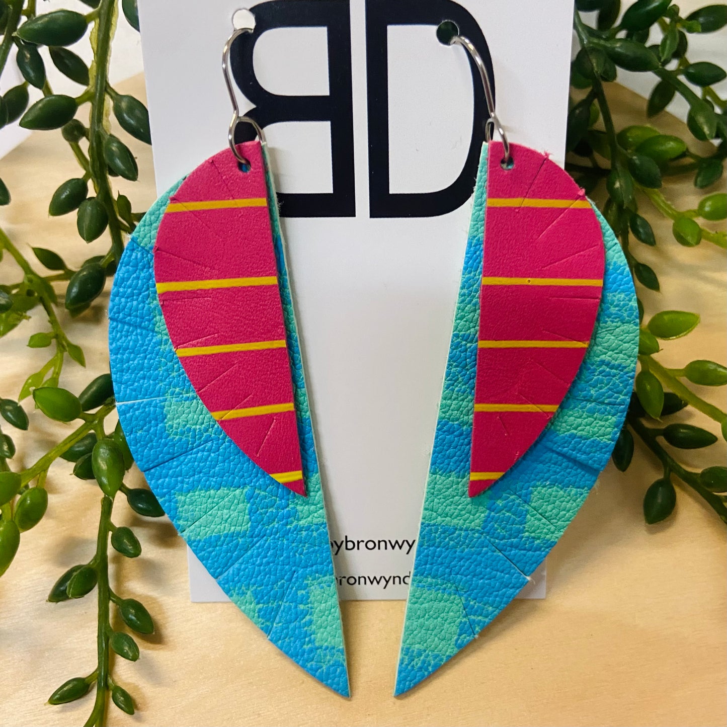 Handmade Painted Leather Earrings - The Double Feather