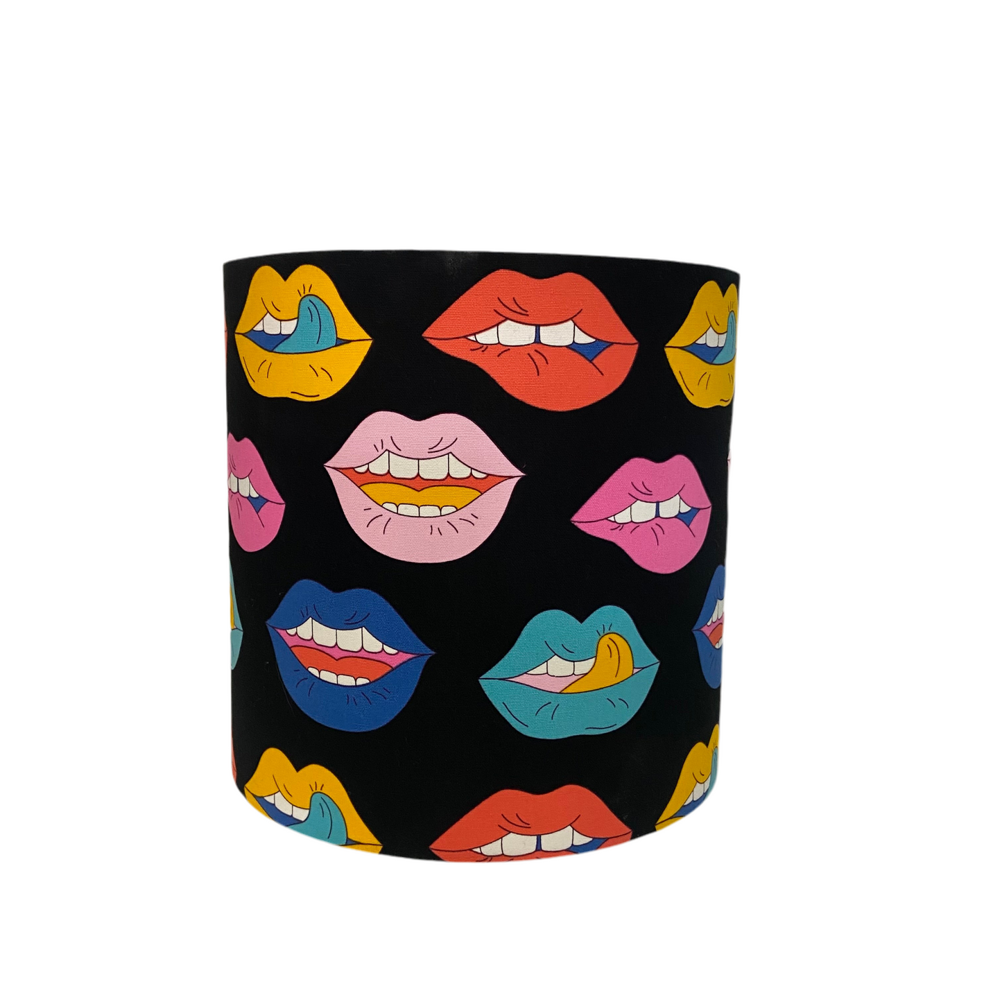 Black cylindrical lamp shade with colorful lips pattern on a white background