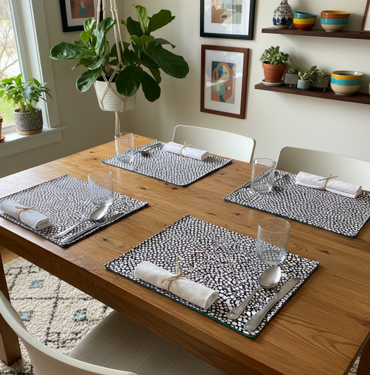 Reversible Placemats - Black & White Pebbles with Teal Reverse (set of 4)
