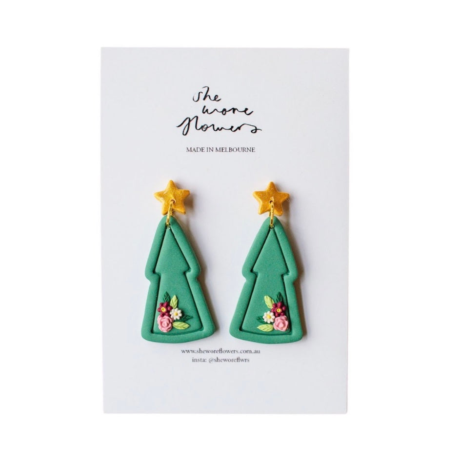 Christmas Polymer Clay Earrings - Trees with Flowers