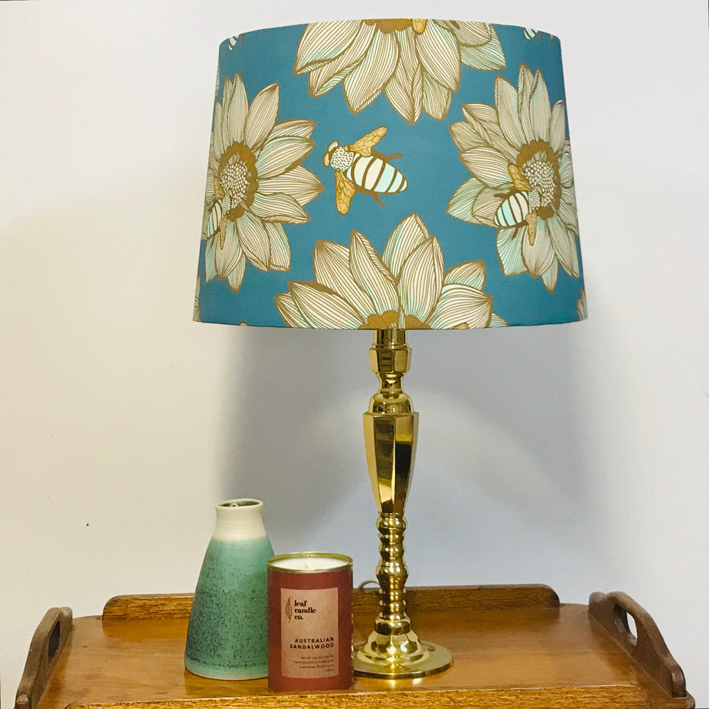 Teal & Gold Bees on Brass Table Lamp