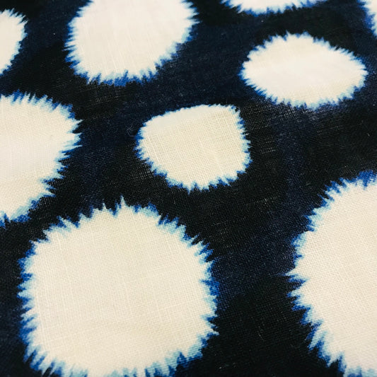 Close-up of fabric with blue and white polka dot pattern