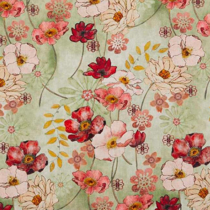 Floral pattern with pink, red, and white flowers on a green background