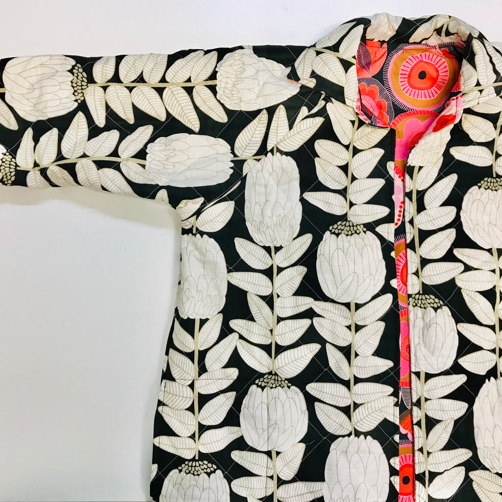 Women’s Handmade Reversible Quilted Jacket Coat - JP Black Waratah with Happiness Abounds