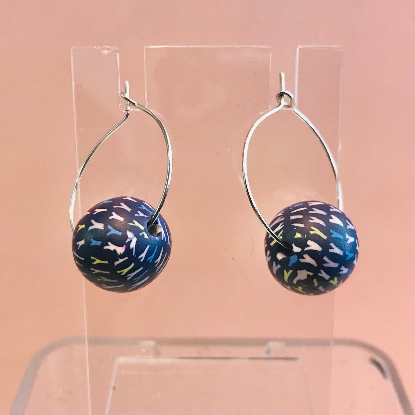 Bead Hoop Earrings - navy hatch