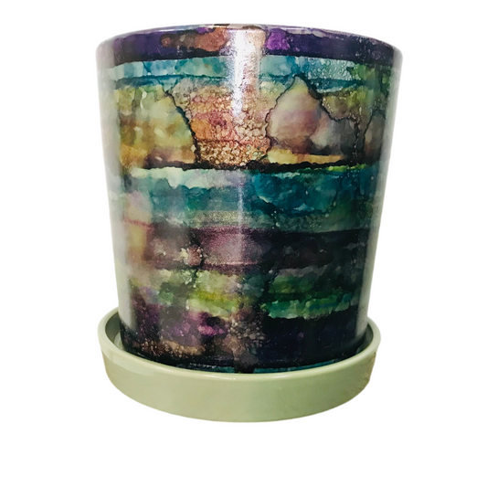 Alcohol Ink planter pot with tray - Dark Dusk