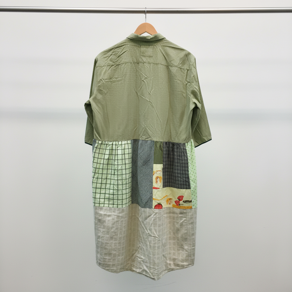 A vintage patchwork shirt jacket hanging on a wooden hanger against a white-painted brick wall. The garment features a light olive green textured upper body, a patchwork section of green grid-patterned fabric, a dark gray checkered panel, and a yellow floral print patch.