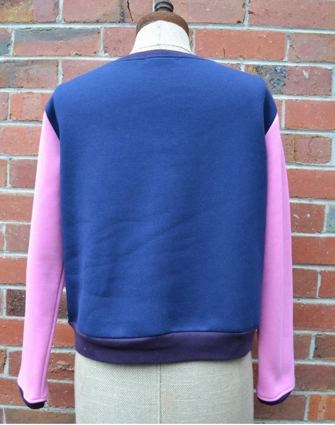 Mannequin wearing a blue and pink sweater showing the back against a brick wall.