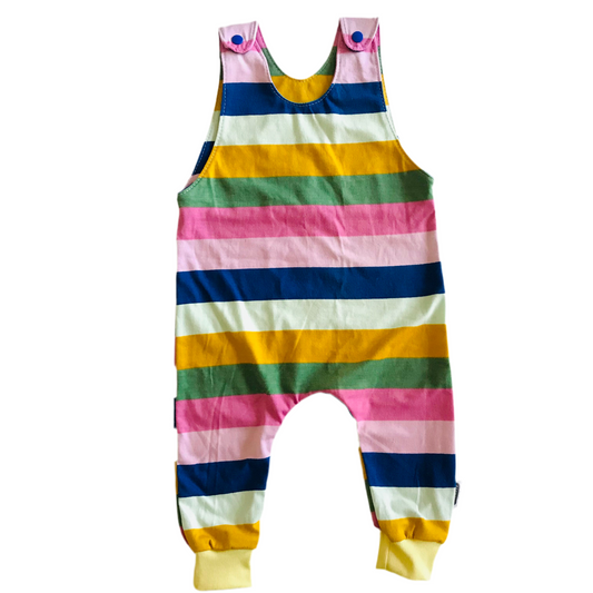 Colorful striped handmade long romper overalls on a white background