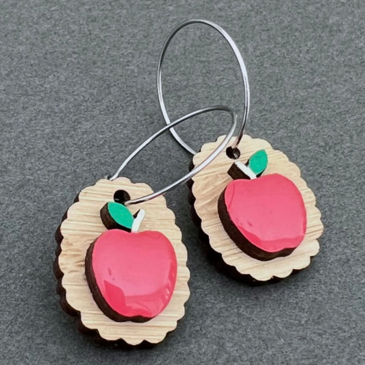 Apple Cameo Handpainted Wood Statement Earrings