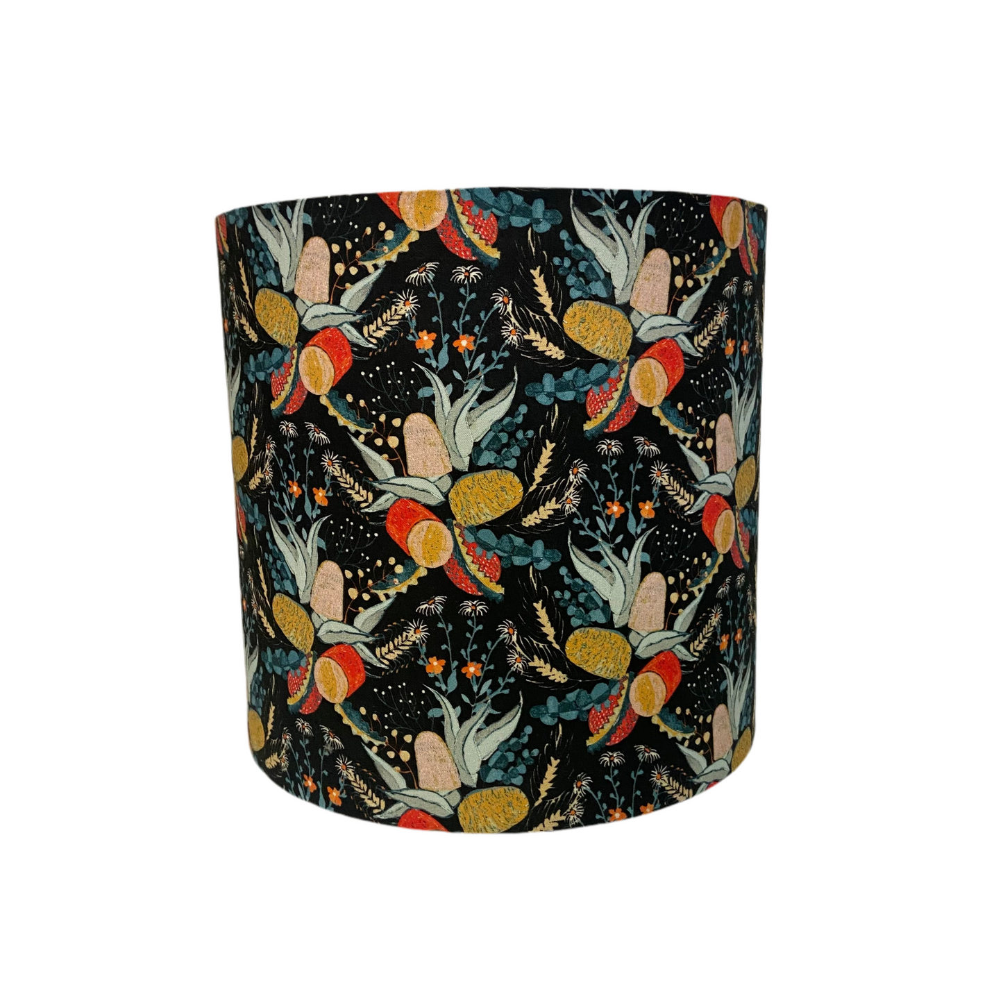 Decorative lamp shade with a colorful plant pattern on a black background