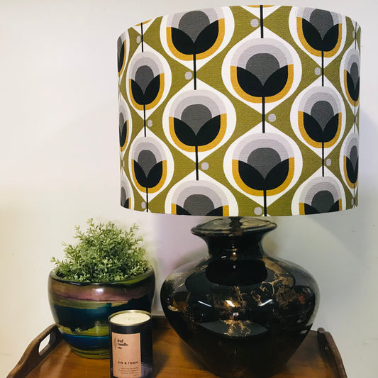 Custom Lamp Shade only - Barkcloth Geo Flower in Olive