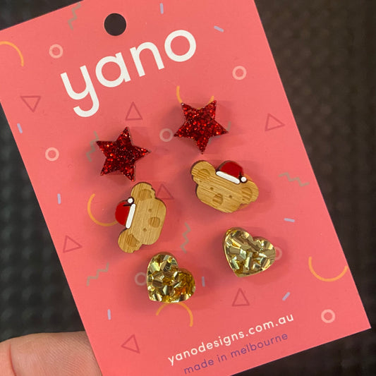 3 Pack of Laser Cut Acrylic CHRISTMAS Stud Earrings - gift pack