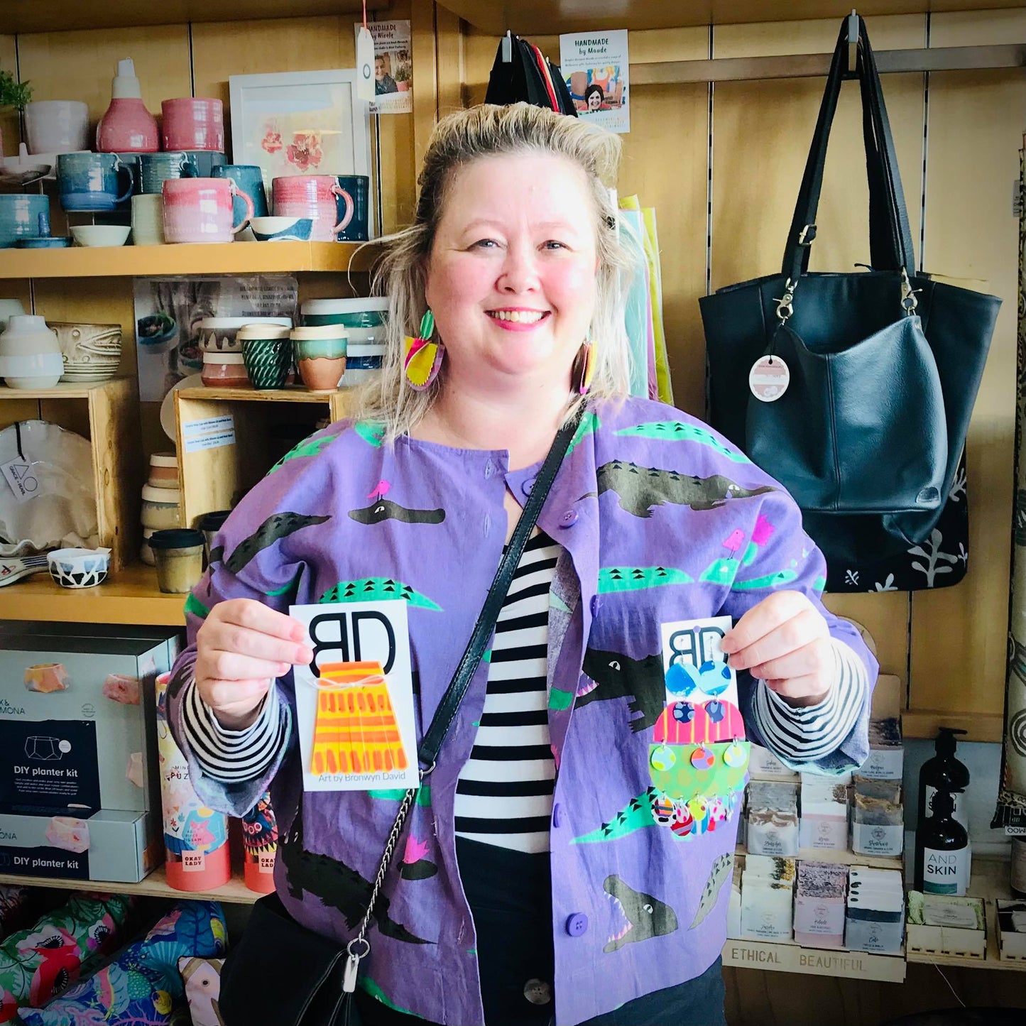 Hand painted leather bold statement earrings - Reversible Double Disc