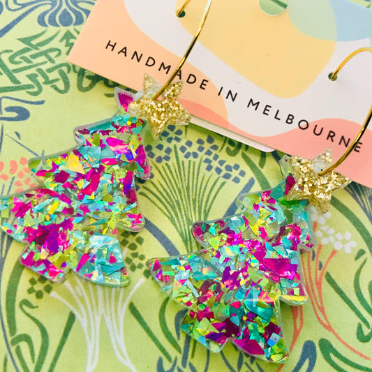 Novelty Acrylic Earrings - Christmas Tree Hoops