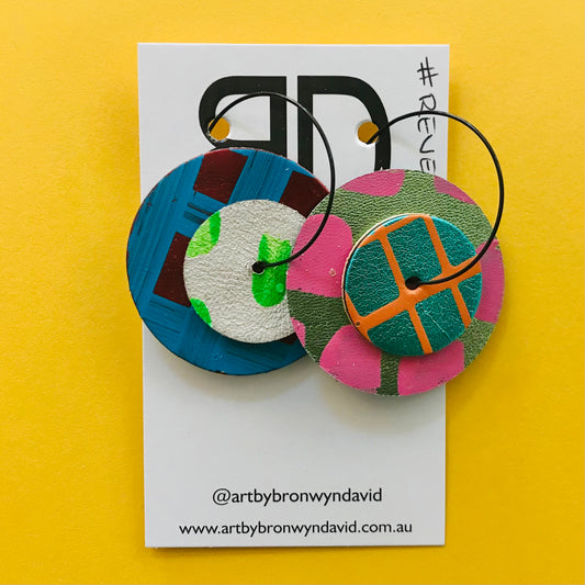 Hand painted leather bold statement earrings - Reversible Double Disc